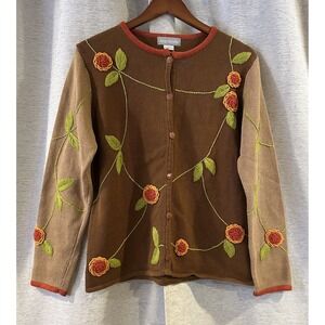 Ann Trinity Women's Large Floral Knit Cardigan Embroidered